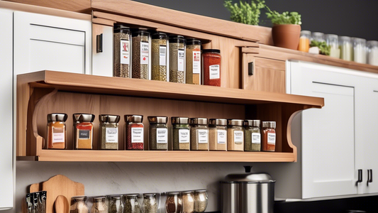 Create an image of a modern kitchen interior with sleek upper cabinets that have a pull-down spice rack installed inside. The spice rack should be neatly organized with various spices and herbs neatly arranged for easy access. The overall kitchen sho
