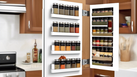 Create an image showing a variety of creative and space-saving spice rack solutions specifically designed for upper cabinets in a kitchen. Include options such as magnetic spice jars attached to the inner cabinet door, tiered shelves that slide out f