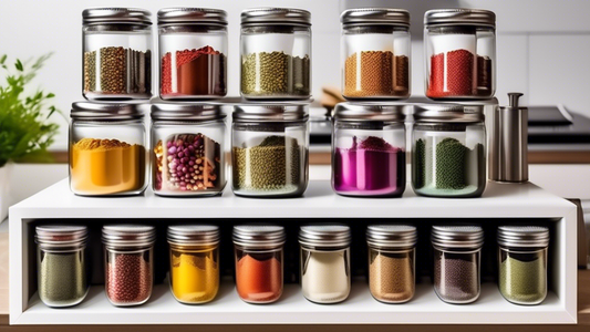 Create an image of a kitchen countertop with a sleek airtight jar organizer that beautifully displays an assortment of colorful spices. The organizer should have multiple compartments to store various spices and keep them fresh for longer periods. Th