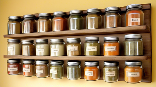 Create an image of a unique and creative spice rack made entirely of repurposed baby food jars. The jars should be neatly arranged on a wooden shelf or hung on a wall, each labeled with a different spice name. The setting should be a clean and organi