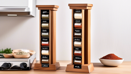 Create an image of a sleek and modern freestanding spice rack tower with multiple drawers, each labeled with different spice names for organization and convenience. The tower should have a stylish design, featuring a variety of spices neatly arranged
