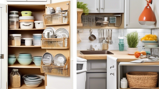 Create an image of a small kitchen cabinet filled with clutter and chaos, and then transform it into a neatly organized space using budget-friendly cabinet organizers. Show clear and labeled shelves, hooks, baskets, and bins to optimize storage in th
