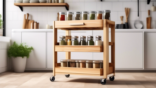 Create an image of a stylish and convenient rolling spice cart in a modern kitchen setting. The cart should be sleek and organized with various spices neatly arranged and easily accessible. The kitchen should be brightly lit, highlighting the practic