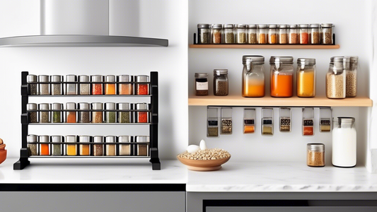 Create an image of a compact and efficient spice rack designed for small kitchens, showcasing innovative space-saving techniques and stylish organization solutions. The rack should feature easy accessibility, practicality, and aesthetic appeal to ins