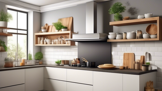 Design an image of a small kitchen with limited storage space, featuring stackable shelves creatively arranged to optimize storage and organization in the kitchen. The shelves should be designed in a modern and sleek style, demonstrating how they can