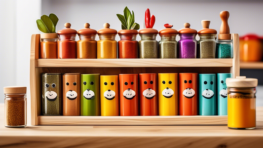 Create an image of a vibrant and playful spice rack set designed for children, featuring a variety of colorful spice containers shaped like animals or cartoon characters. The spices should be depicted as smiling and inviting, appealing to young aspir