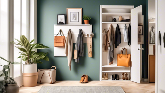 Create an image of a modern and organized entryway showcasing various over-the-door storage solutions, such as hanging organizers, racks, and shelves, to help keep small spaces tidy and clutter-free. Display different types of items like shoes, bags,
