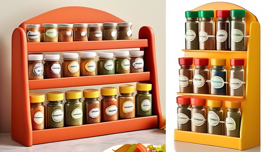 Create an image of a colorful and whimsical spice rack set designed specifically for kids' cooking. The rack should be filled with miniature spice jars and bottles in bright hues, showcasing fun and playful labels that feature cartoonish illustration
