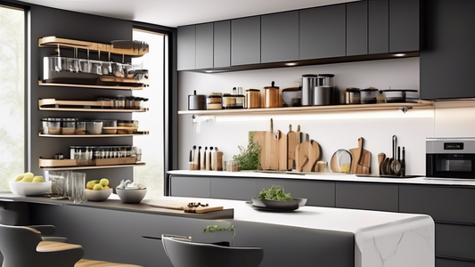 Create an image of a modern kitchen with sleek and efficient space-saving shelf organizers in use, showcasing a variety of kitchen essentials neatly arranged for easy access. The organizers should be seamlessly integrated into the kitchen design, hig