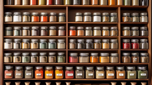 Create an image of a perfectly organized spice rack with labeled jars, neatly arranged to showcase various colors and sizes of spices. The image should include a clear organization system that highlights the ease of finding and accessing different sp