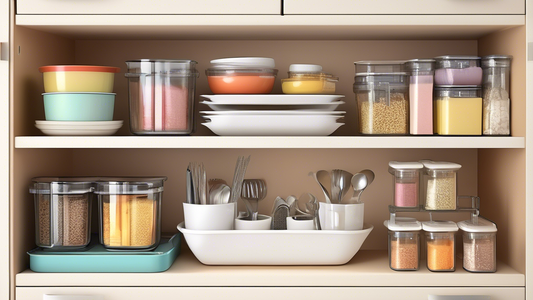 Create an image of a neat and organized kitchen shelf with various stackable shelf organizers, showcasing a range of sizes, materials, and colors to help maximize storage space and efficiency. The image should feature items such as wire racks, expand