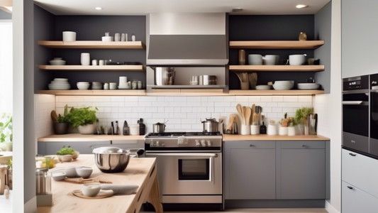 Create an image of a small kitchen with limited storage space, featuring stackable shelves that efficiently utilize the vertical space. The shelves should be sleek and modern, optimized for holding various kitchen items such as cookware, utensils, an