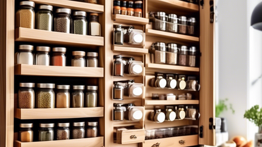 Create an image of a kitchen pantry filled with various airtight spice jars neatly organized in different creative storage solutions, such as a hanging spice rack, magnetic strips on the wall, labeled drawer dividers, or a carousel spice rack. Captur