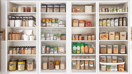 Create an image of a neatly organized kitchen pantry featuring stackable shelf organizers in various sizes and designs. Show how these organizers optimize space and provide easy access to items like canned goods, spices, and packaged snacks. Highligh