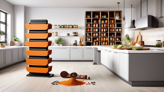 Create an image of a sleek and modern freestanding spice rack tower with multiple drawers, showcasing its functionality and style in a kitchen setting. The design should incorporate clean lines, a stylish color scheme, and feature various spices neat