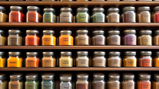Create an image of a stylish and organized spice rack made out of repurposed baby food jars, showcasing a variety of colorful spices neatly lined up with labels on each jar. The spice rack should be displayed in a modern kitchen setting, illustrating