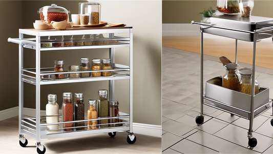Create an image of a modern, sleek spice cart with locking wheels as a versatile and practical kitchen storage solution. The cart should be compact yet spacious, with multiple shelves to neatly organize various spices and cooking essentials. The desi
