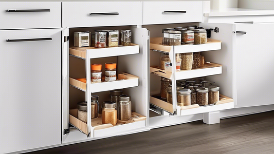 Imagine a visually stunning and highly organized kitchen cabinet space, showcasing the top 10 innovative cabinet organizers that streamline and maximize kitchen storage. Each organizer is uniquely designed to fit seamlessly within a kitchen cabinet, 