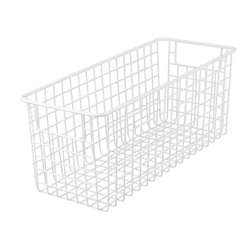 Heavy duty farmhouse decor metal wire food storage organizer bin basket with handles for kitchen cabinets pantry bathroom laundry room closets garage 16 x 6 x 6 4 pack matte white