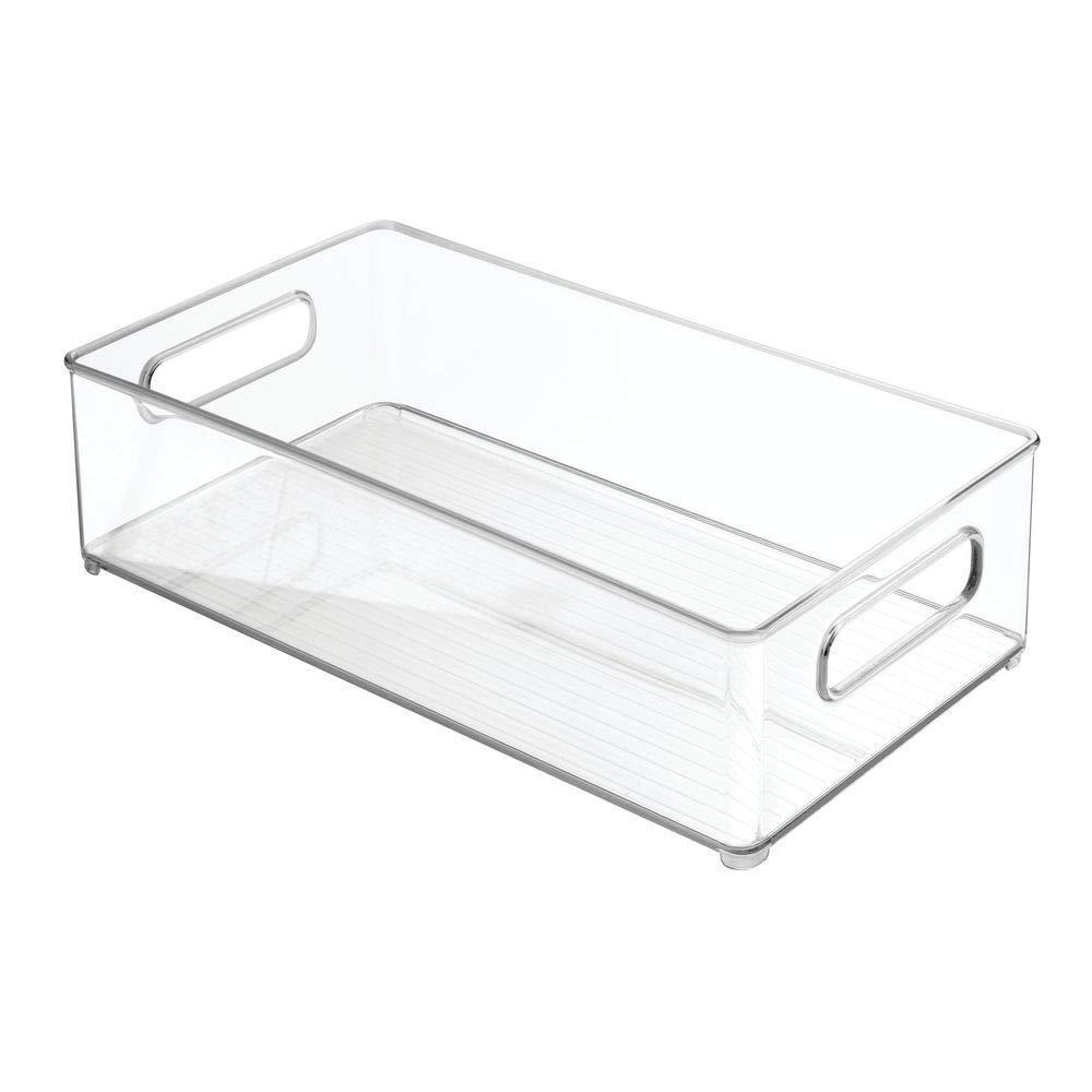 Kitchen large stackable kitchen storage organizer bin with pull front handle for refrigerators freezers cabinets pantries bpa free food safe deep rectangle tray basket 6 pack clear