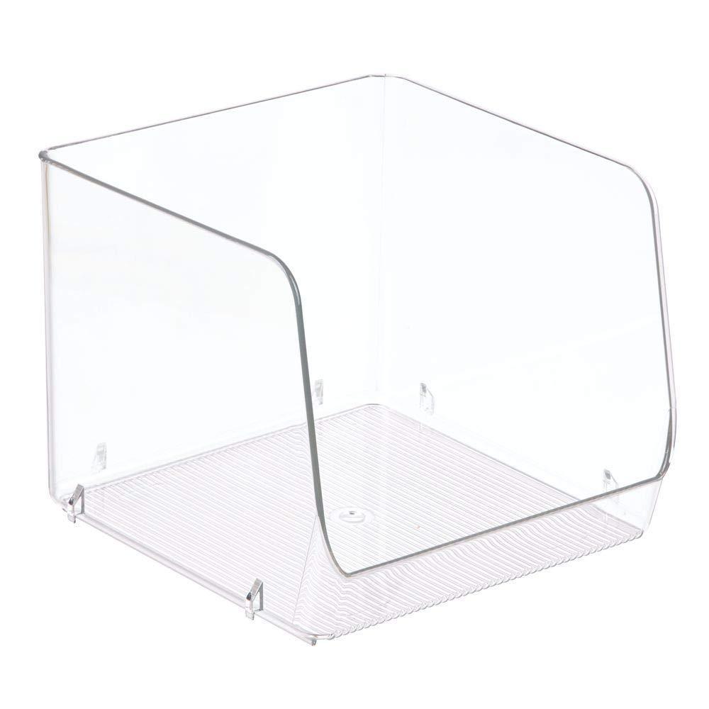 best large stackable plastic home office storage organization bin basket with wide open front for cabinets closets drawers desks tables workspace cube 7 75 wide 4 pack clear