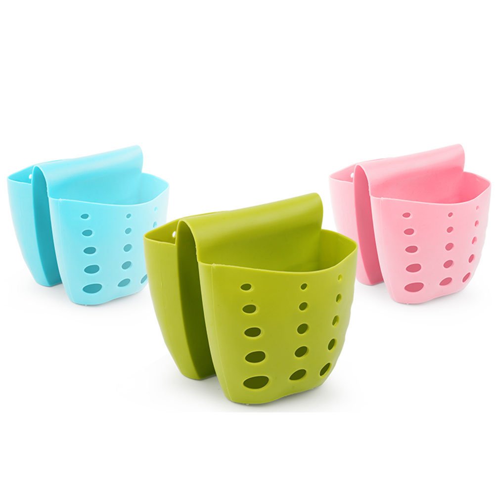 YANGYULU Silicone Sponge Holder Kitchen Bath Sink Double Side Hanging Storage Basket (Pink+Blue+Green)