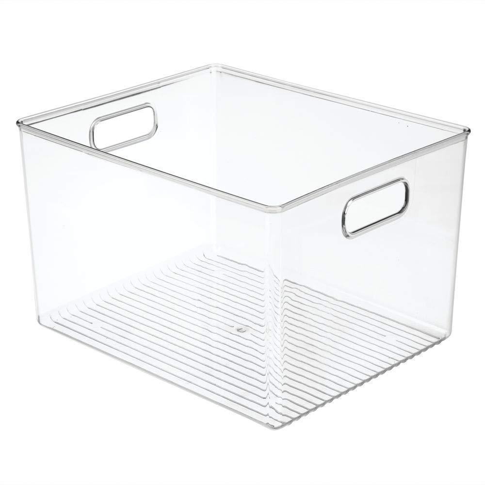 Latest plastic storage container bin with carrying handles for home office filing cabinets shelves organizer for school supplies pens pencils notepads staplers envelopes 8 pack clear