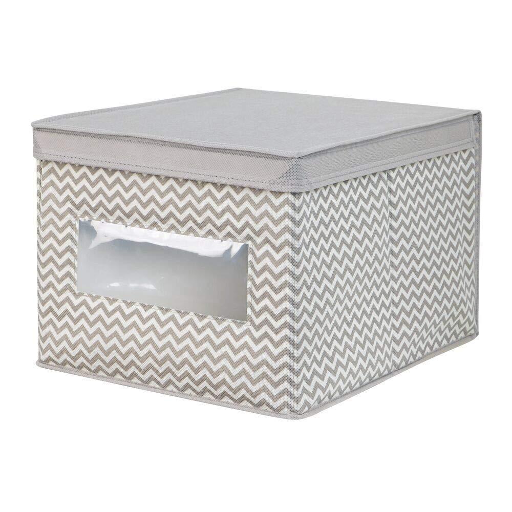 Cheap decorative soft stackable fabric office storage organizer holder bin box container clear window lid for cabinets drawers desks workspace large foldable chevron print 6 pack taupe