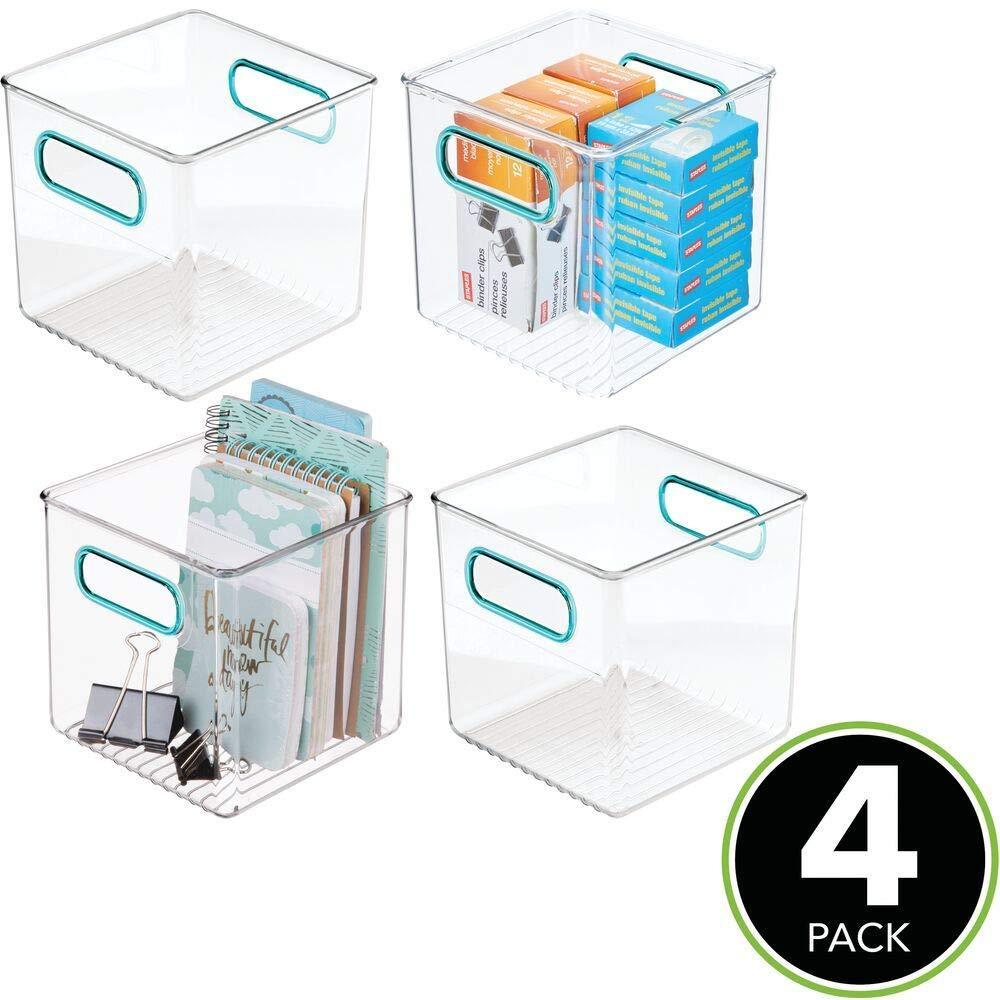 Cheap plastic home office storage organizer container with handles for cabinets drawers desks workspace bpa free for pens pencils highlighters notebooks 6 cube 4 pack clear blue