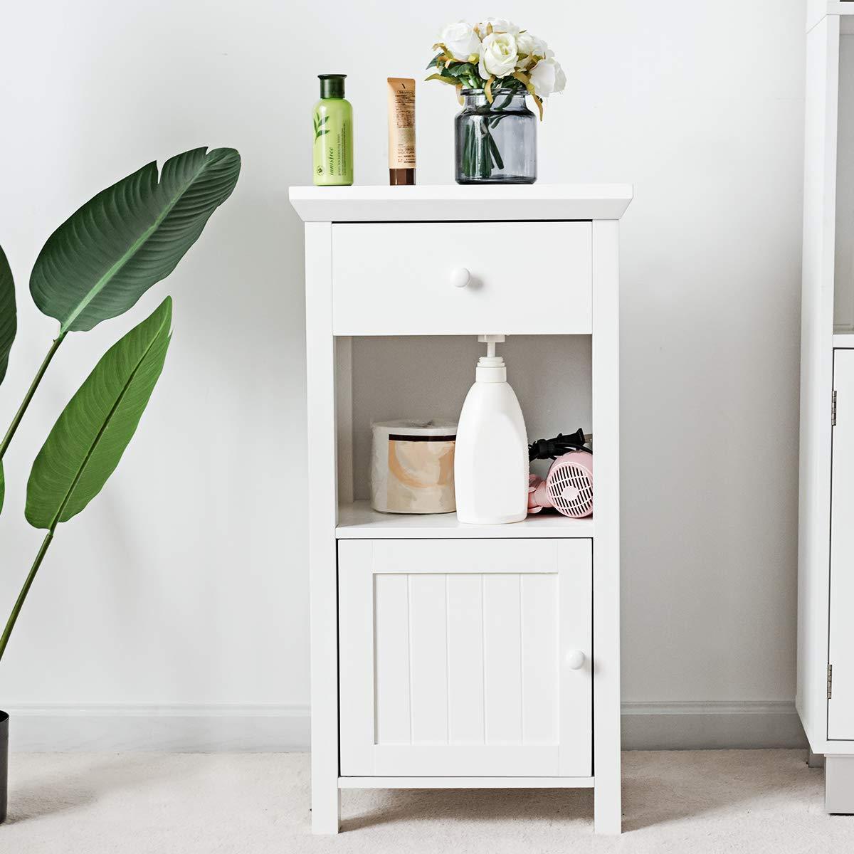 Get tangkula bathroom floor storage cabinet wooden storage cabinet for home office living room bathroom one drawer cupboard organize freestanding cabinet white