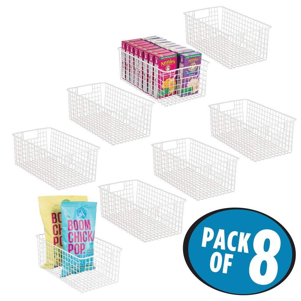 Get farmhouse decor metal wire food organizer storage bin basket with handles for kitchen cabinets pantry bathroom laundry room closets garage 16 x 9 x 6 in 8 pack matte white