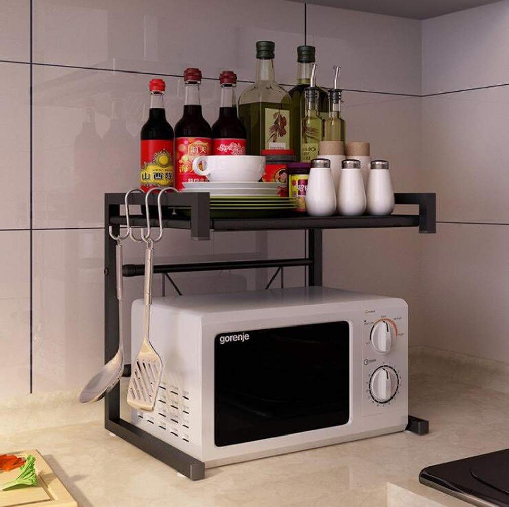 Selection metal microwave oven rack toaster stand shelf expandable kitchen supplies tableware storage counter space saver cabinet organizer spice holder with 3 hooks 60lbs weight capacity black stainless steel
