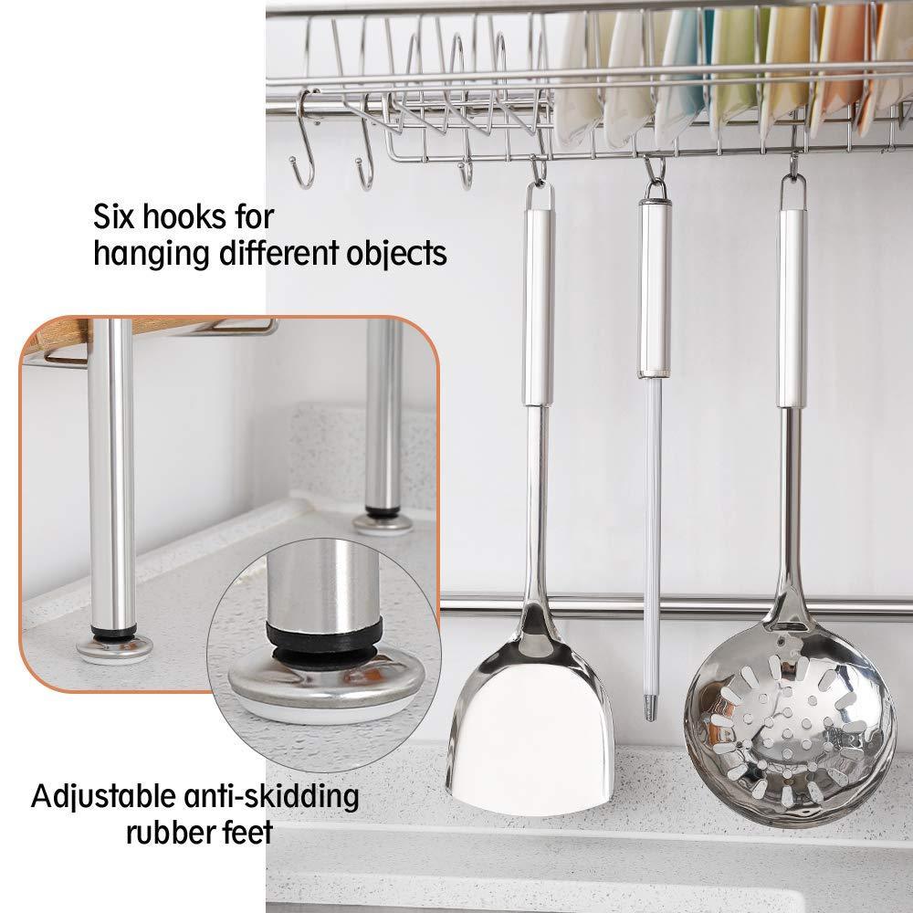 Buy nex 2 tier stainless steel drying dish rack non slip length adjustable kitchen cabinets with chopstick holder double groove