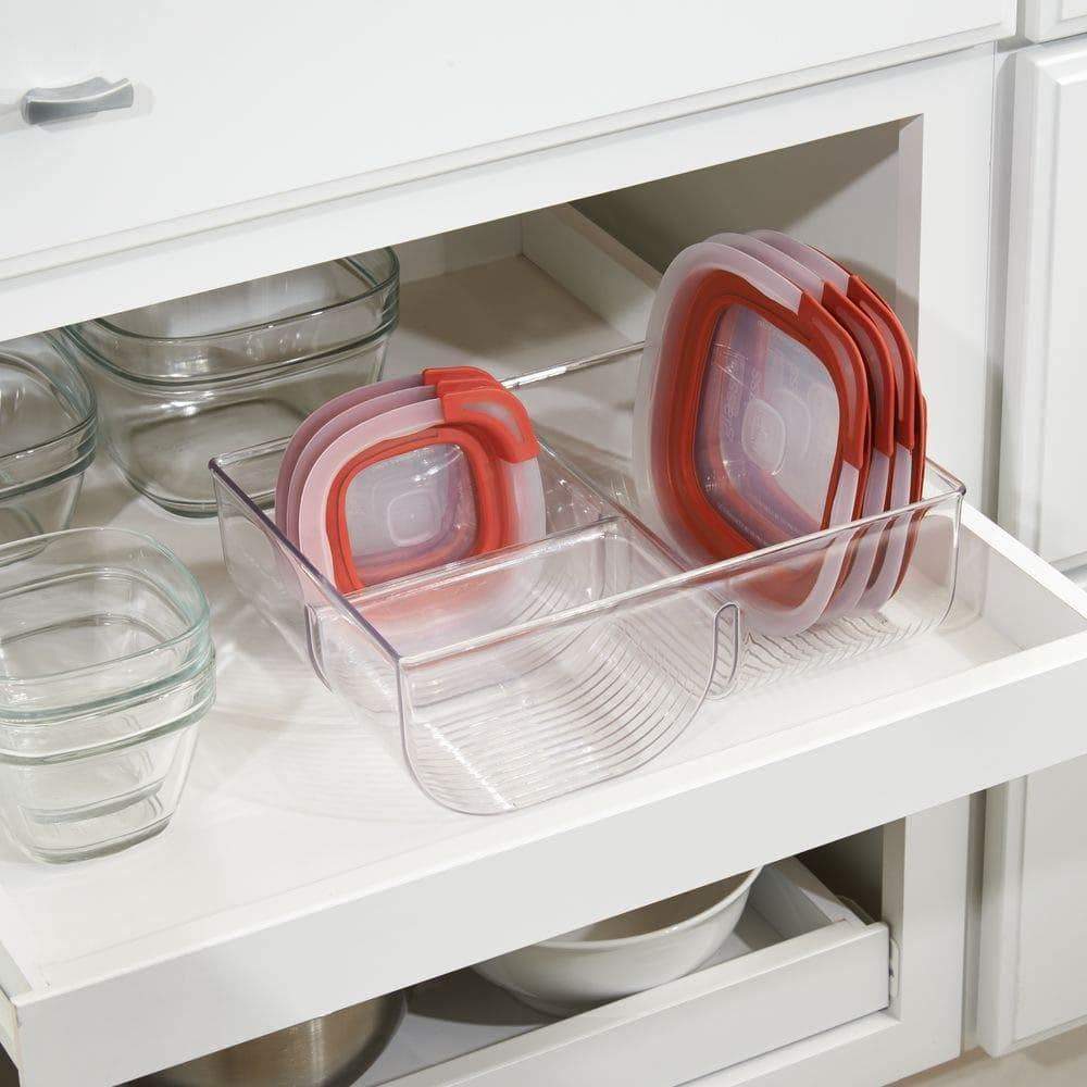 Organize with food storage container lid holder 3 compartment plastic organizer bin for organization in kitchen cabinets cupboards pantry shelves clear