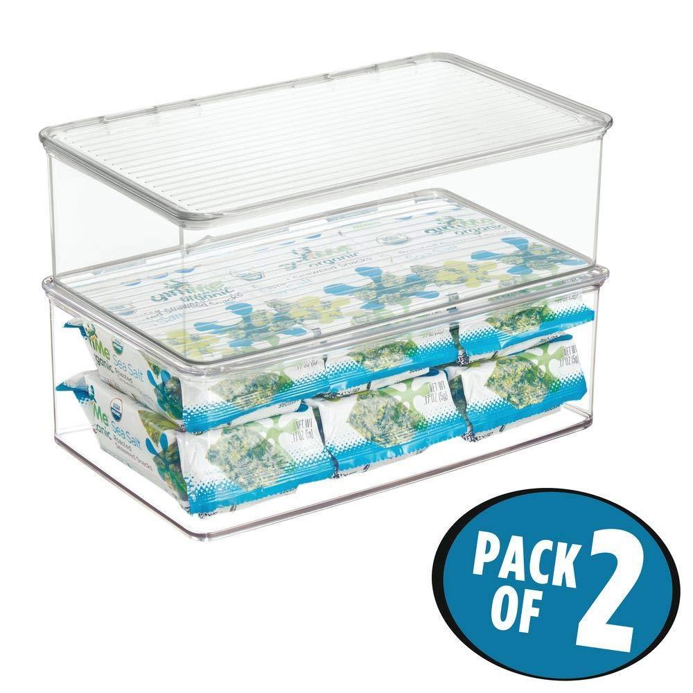 Exclusive stackable kitchen pantry cabinet or refrigerator storage bin with attached hinged lid compact storage organizer for coffee tea and food packets snacks bpa free pack of 2 clear