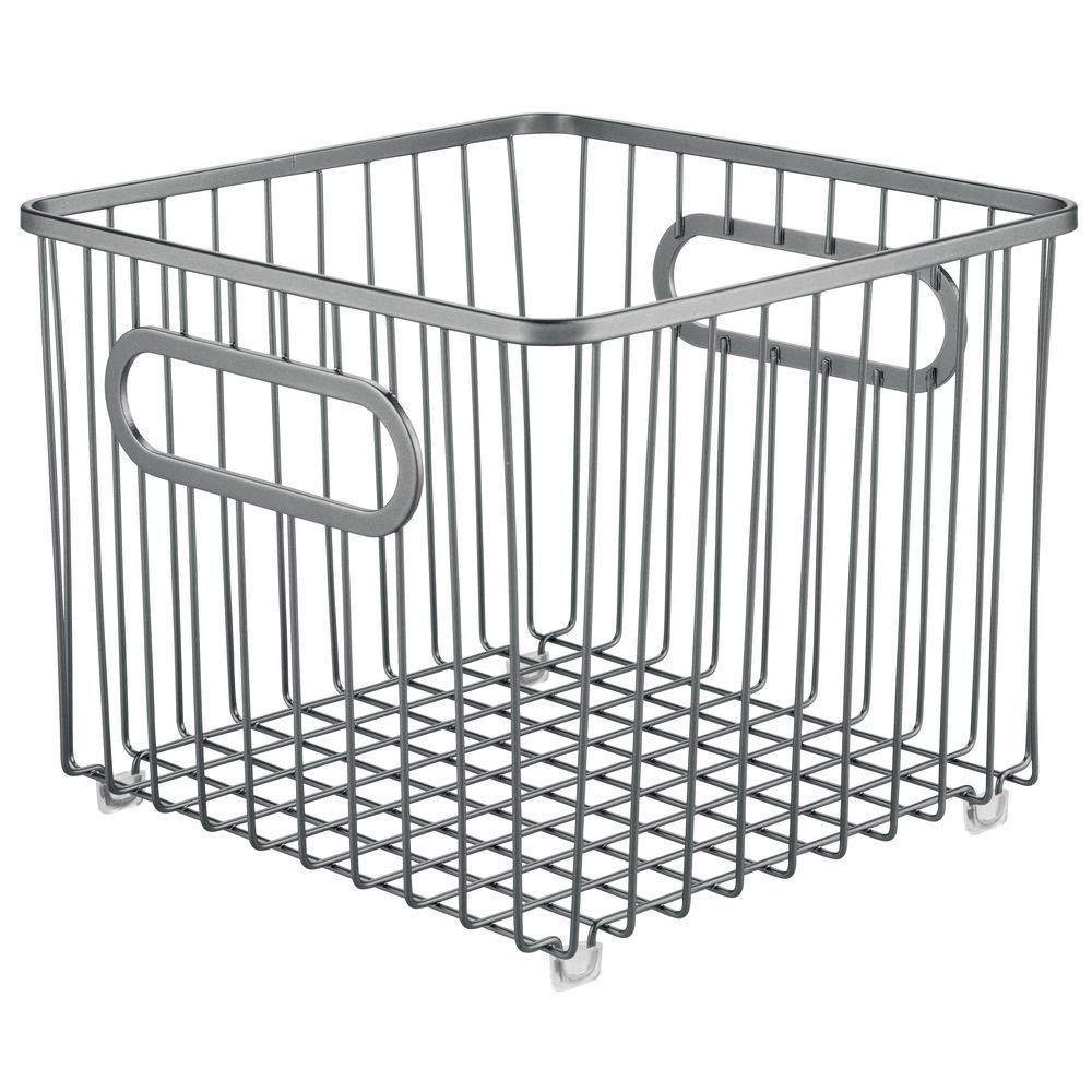 Heavy duty metal farmhouse kitchen pantry food storage organizer basket bin wire grid design for cabinet cupboard shelf countertop holds potatoes onions fruit square 2 pack graphite gray