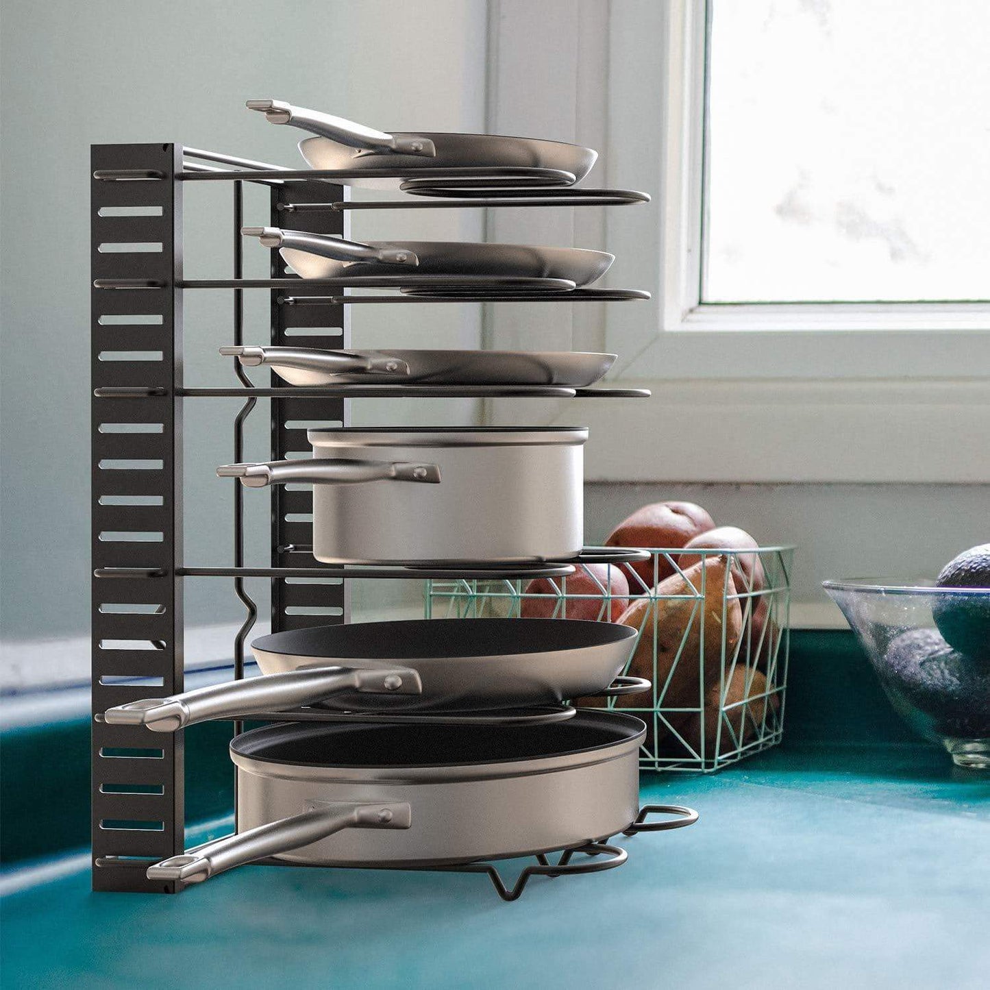 Buy now geekdigg pot rack organizer 3 diy methods height and position are adjustable 8 pots holder black metal kitchen cabinet pantry pot lid holder upgraded