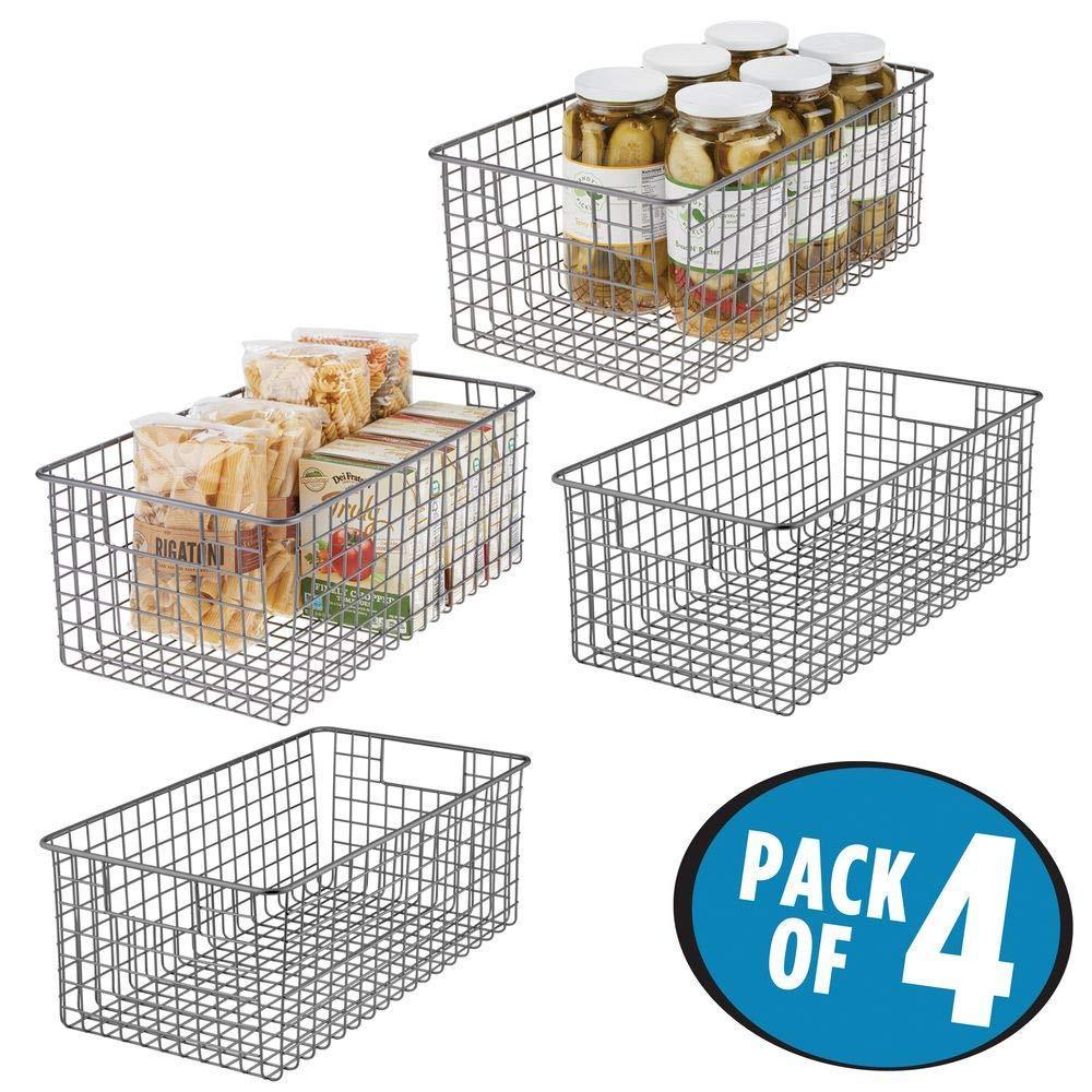 Great farmhouse decor metal wire food organizer storage bin basket with handles for kitchen cabinets pantry bathroom laundry room closets garage 16 x 9 x 6 in 4 pack graphite gray