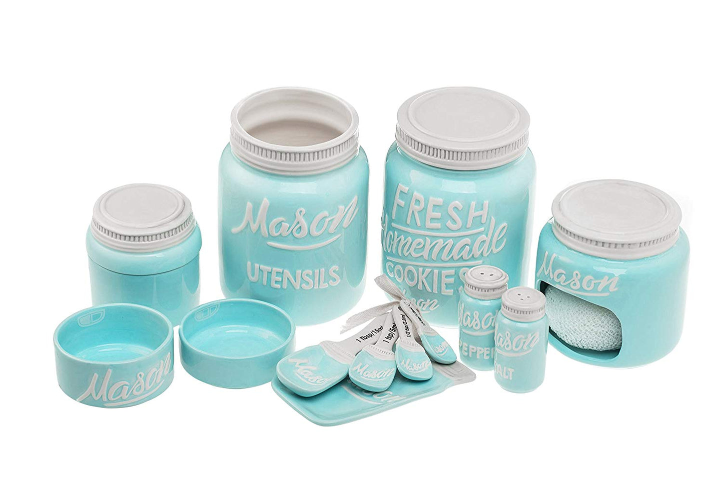 7-Piece Mason Jar Kitchen Ceramics - Beautiful Vintage Kitchenware Set | Measuring Cups & Spoons, Spoon Rest, Salt & Pepper Shakers, Sponge Holder, Cookie Jar, Utensil Crock | Blue, by Goodscious