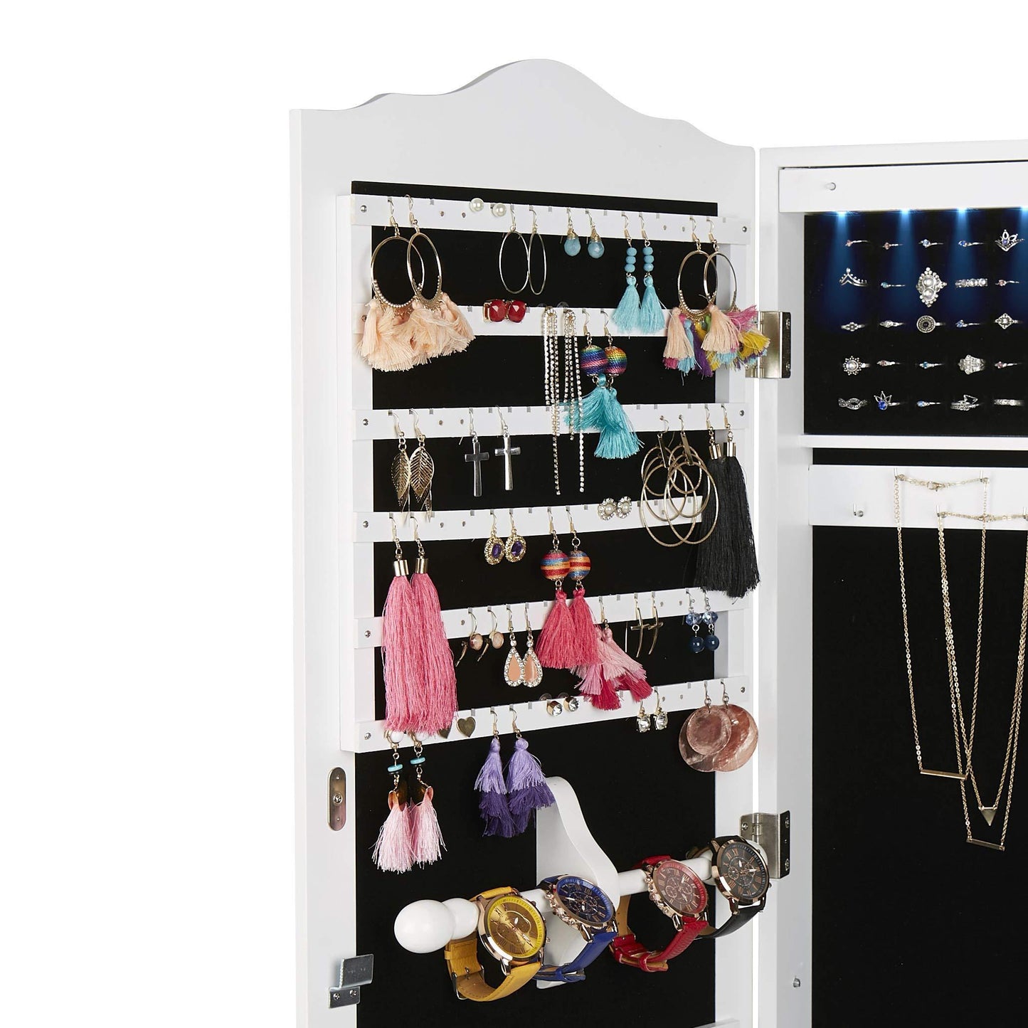 Best seller mind reader hmled14 wht hanging cabinet 14 led lights wall mounted jewelry armoire organizer with mirror 2 drawers necklaces rings earrings bracelets white