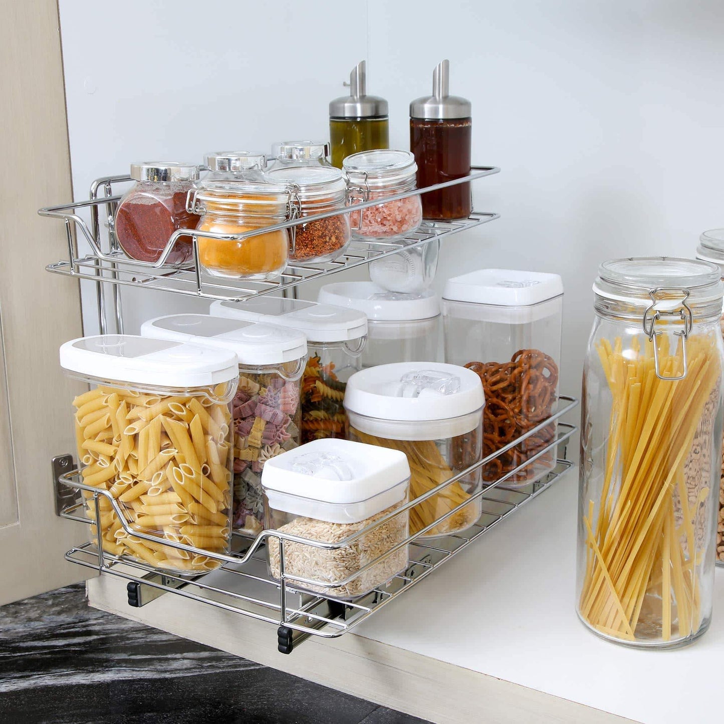 Selection smart design 2 tier roll out under sink sliding organizer w mounting hardware medium steel metal holds 100 lbs cabinets cookware bakeware items kitchen 18 32 x 14 inch chrome