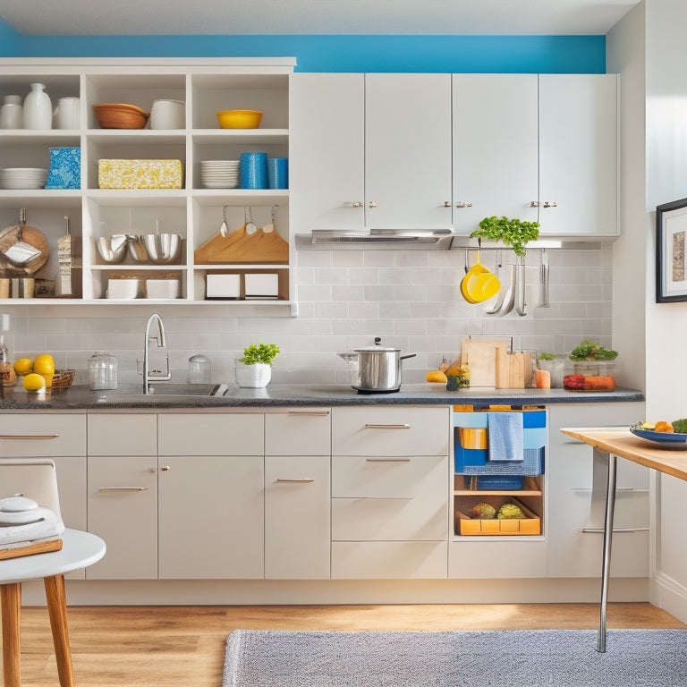 A bright, modern kitchen with sleek countertops, a utensil organizer on the wall, a pull-out trash can, and a minimalist kitchen island with a few, neatly arranged cookbooks.