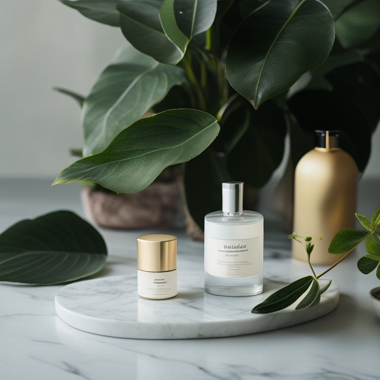 A serene, minimalist composition featuring a few, carefully arranged skincare products on a marble countertop, surrounded by lush greenery and a single, delicate flower petal.