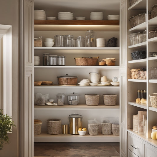 A serene, well-organized pantry with neutral-toned shelves, minimal cookbooks, and a few, carefully selected, sleek kitchen utensils, surrounded by plenty of empty space and soft, warm lighting.