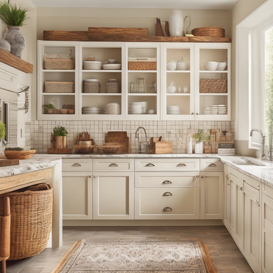 A serene kitchen with creamy cabinets, warm wood accents, and a marble island, featuring a neatly organized utensil holder, a labeled spice rack, and a few strategically placed woven baskets.