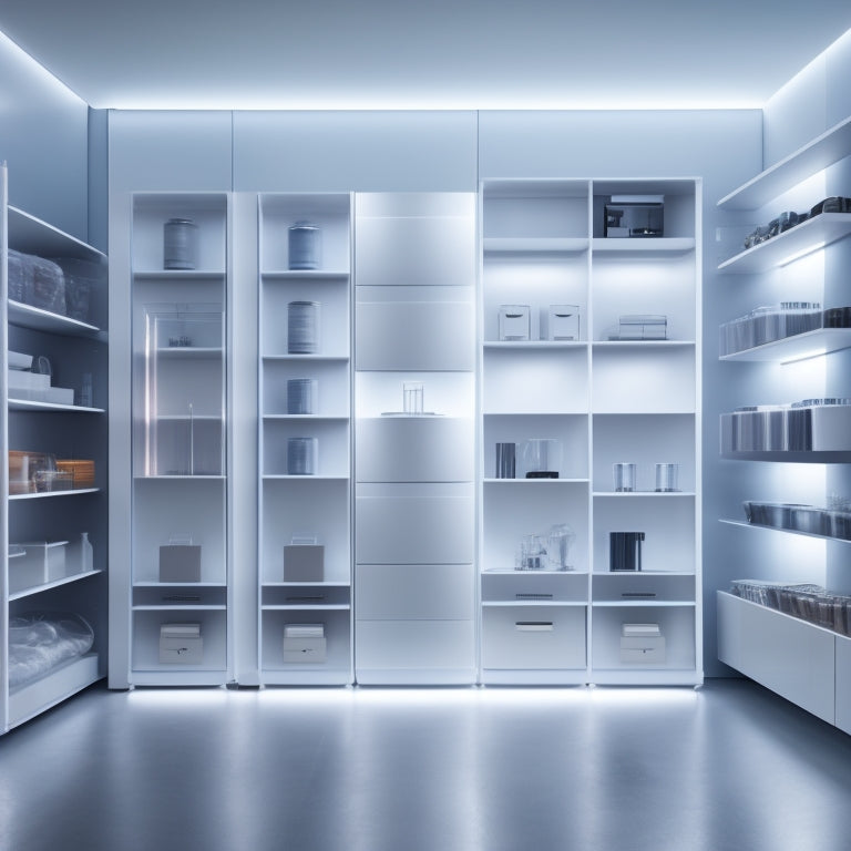 A futuristic, minimalist room with sleek, silver shelves and drawers, showcasing a mesmerizing array of innovative storage containers in various shapes, sizes, and materials, lit by soft, ethereal lighting.