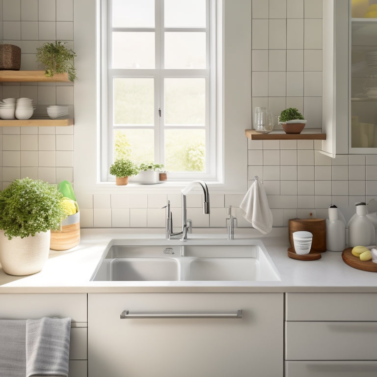 A bright, modern kitchen sink area with a sleek, white sink, tidy countertops, and a wall-mounted rack holding a few neatly arranged cleaning supplies, surrounded by calm, natural light.