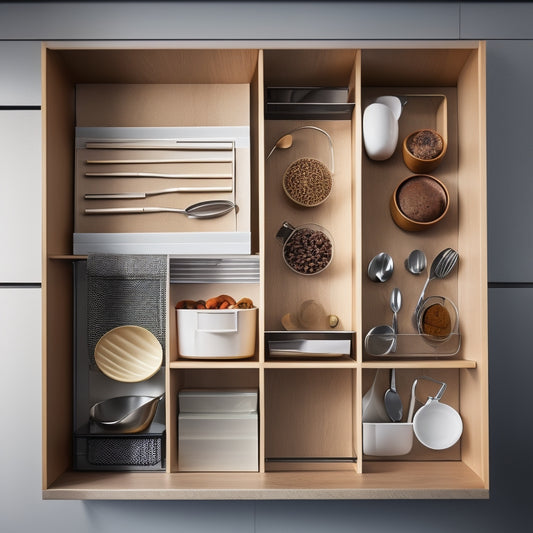 A stylized, well-lit, and minimalist kitchen drawer interior with various custom organizer inserts, including dividers, trays, and baskets, showcasing utensils, cookware, and gourmet food items in an organized manner.