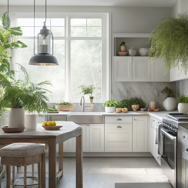 A serene, well-organized kitchen with a large, central island, sleek countertops, pendant lights, and a few, carefully placed potted plants, bathed in soft, natural morning light.