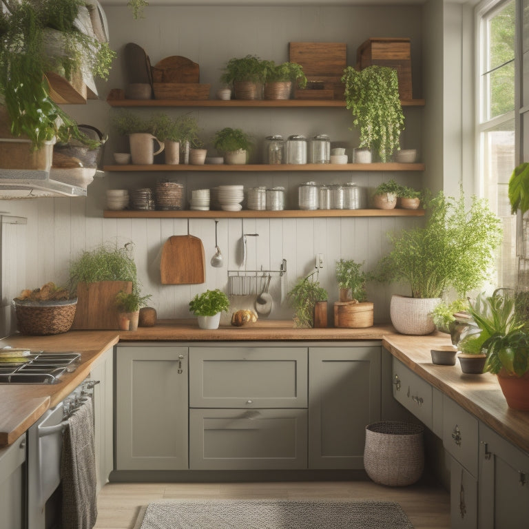 A serene kitchen with soft, warm lighting, showcasing tidy cabinets with labeled bins, a utensil organizer, and a spice rack, surrounded by a few, carefully placed, potted plants.